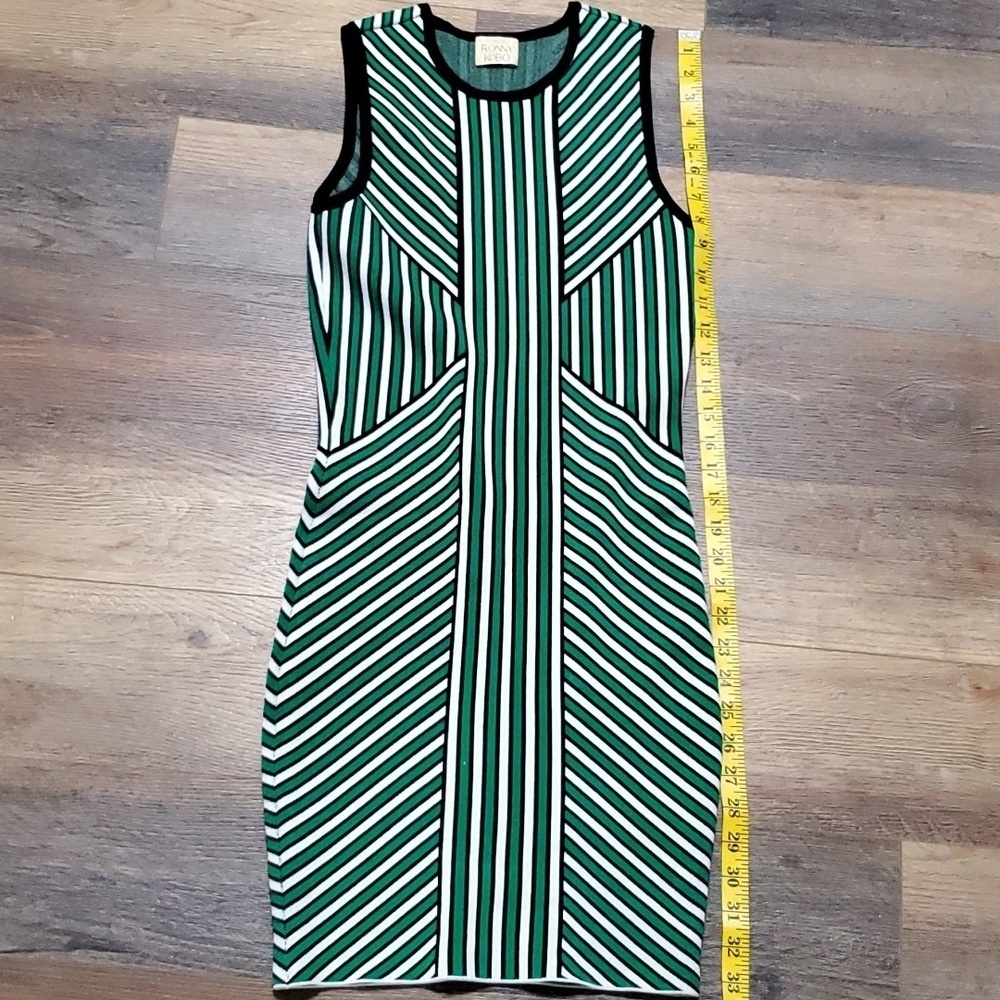 Torn by Ronny Kobo green black striped knit stretch body con sleeveless dress
